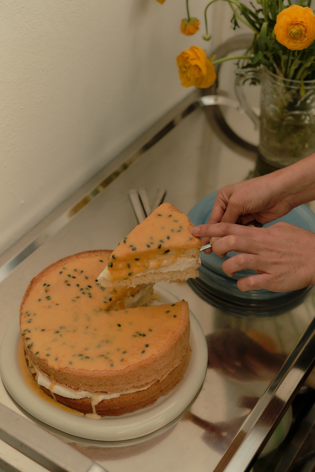 OLD FASHIONED SPONGE CAKE WITH LEMON CURD, CHANTILLY CREAM & PASSIONFRUIT ICING