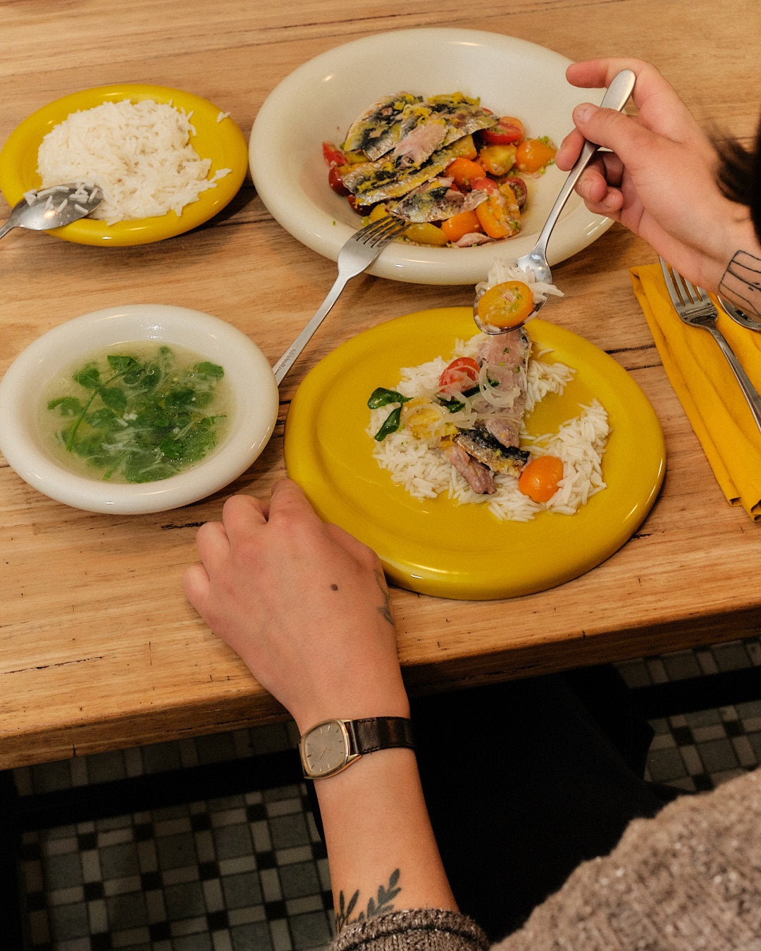 Tomato and Sardine Salad, with Watercress Broth and Rice